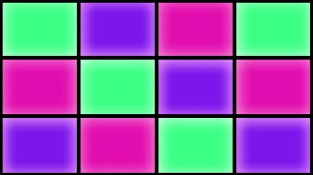 vibrant neon pastel coloured multicoloured square tv screens forming a disco nightclub video wall or dancefloor of mint green, purple and hot pink television screens 4K motion animated background 