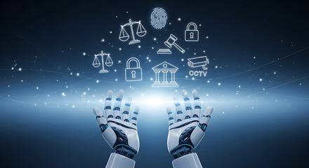Robotic Hands Offering Digital Icons of Law and Security artificial intelligence technology