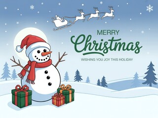 Joyful snowman with gifts under a starry sky with Santa's sleigh flying overhead.