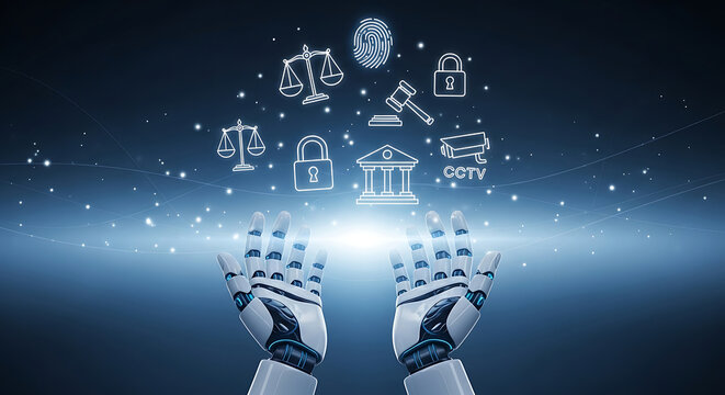 Robotic Hands Offering Digital Icons of Law and Security artificial intelligence technology