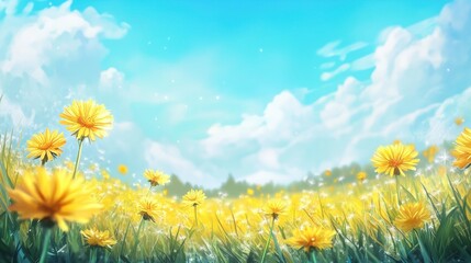 Yellow Dandelions Blooming in a Sunny Field