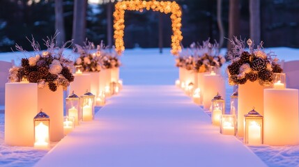 Romantic Winter Wedding Aisle Decorated With Candles And Flowers