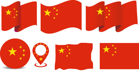 Collection of China national flags in different shapes, waving banners, and patriotic icons