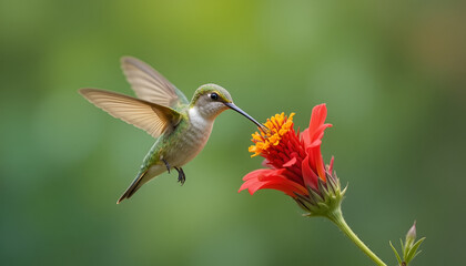 Fototapeta premium Hummingbird Feeding on Vibrant Red Flower in Garden Sunlight