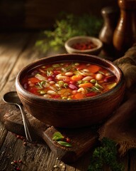 Photorealistic image of vegetable minestrone soup in a rustic bowl on a wooden table
