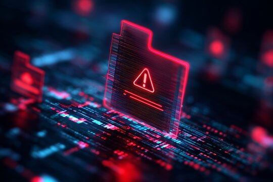 Digital folder with warning symbol shown in neon red against a dark, tech-inspired background emphasizes cybersecurity risks and urgent caution in data management