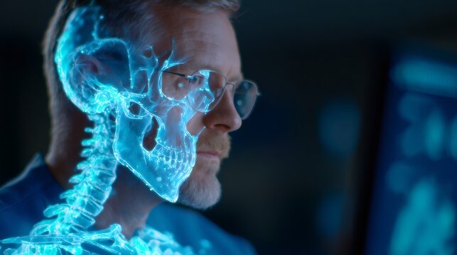 Caucasian doctor looking at digital 3D human skeleton. Medicine technology of the future and innovative diagnostic. Telemedicine, bioengineering concept. - Powered by Adobe