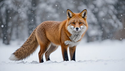 Fototapeta premium Majestic Red Fox Standing Proudly in Snowy Winter Forest