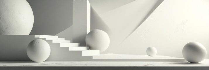 Abstract White Geometric Shapes - Minimalist 3D of white spheres and geometric forms on a light gray background. Clean and modern design