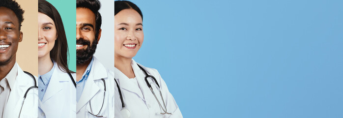 A collage displays a group of healthcare professionals from diverse backgrounds, including male and female doctors. They are wearing lab coats and displaying friendly expressions.