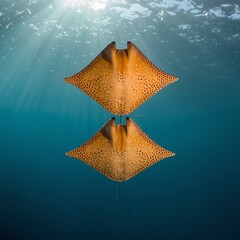 Two spotted stingrays are arranged in a vertical chain, one above the other. They are bright orange with a brown pattern. The clear upper layers of the ocean serve as a backdrop, their soft rays of li