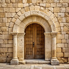 Naklejka premium Ancient stone archway with weathered brick wall and rustic wooden double doors