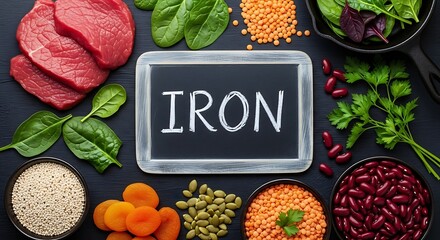 Foods for Iron Rich Diet Concept with Blackboard and Ingredients around