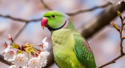 Rose-ringed parakeet amid blooming cherry blossoms during springtime