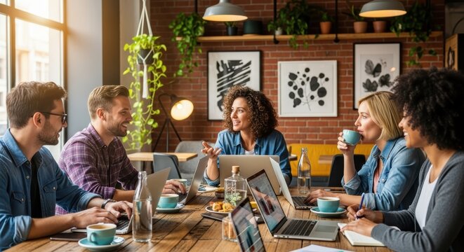 A group of diverse people working together at a table in a cafe with laptops and coffee cups