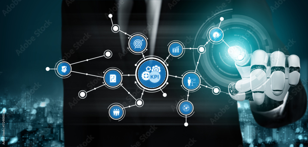 Poster a businessman in a modern suit interacts with a high-tech interface showcasing various kpi metrics, 