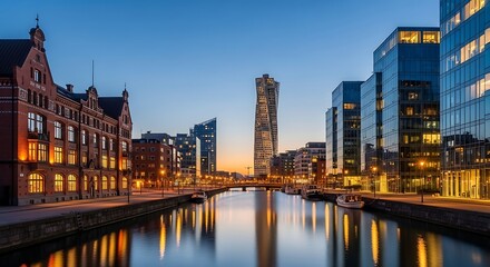 Obraz premium Malm? cityscape with architecture and canal at twilight long exposure
