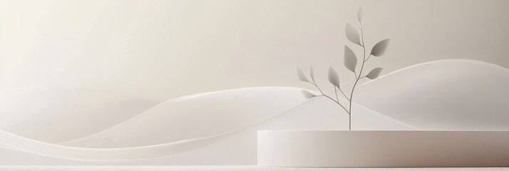 Elegant Minimalist Plant Display - A simple, elegant featuring a small plant on a white pedestal against a soft, off-white background with subtle wave patterns.