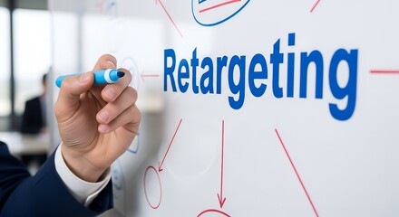 Business professional writing the word retargeting on a whiteboard with a marker