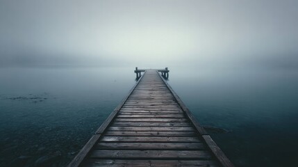 Obraz premium Misty wooden pier extends into tranquil lake