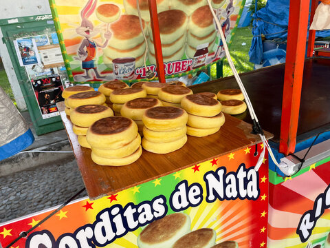 Gorditas de Nata, Mexican style clotted cream biscuits in street market, tianguis, gorditas de nata stand at the flea market. Guadalajara, Jalisco, M&eacute;xico, 2 de febrero de 2025.