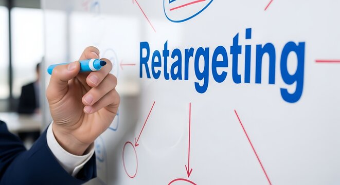 Business professional writing the word retargeting on a whiteboard with a marker