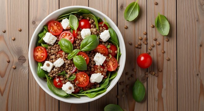 Lentil salad with tomatoes, feta cheese and basil, laid on wooden table