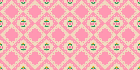 Seamless retro Christmas pattern with xmas bubbles on a pink checker ajour background. Festive geometric design for winter holidays, gift wrap, textiles, wallpaper, and seasonal backgrounds.