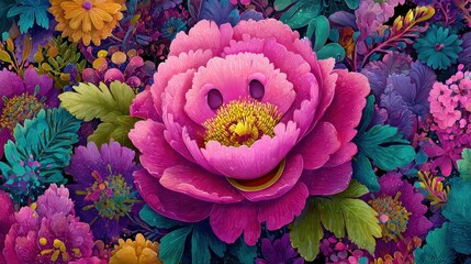 Vibrant Floral Fantasy - A Colorful Peony Amidst Lush Foliage.