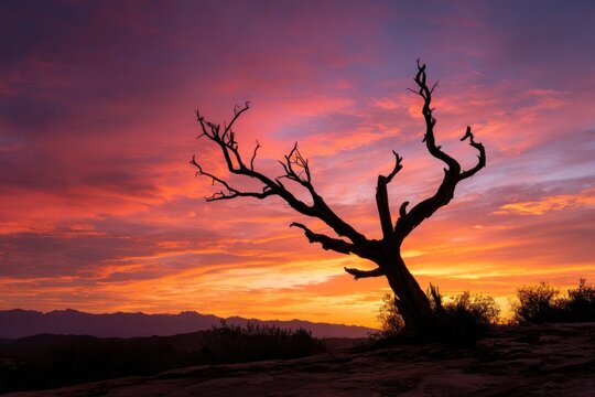 Silhouette of a lone tree at vibrant sunrise - Powered by Adobe