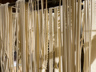 Crafting fresh noodles in a bustling kitchen setting.