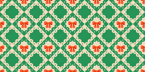 Seamless retro Christmas pattern with red bows framed in green checkers. New Year Xmas design with vintage ribbons, perfect for gift wrap, textiles, scrapbooking, and seasonal backgrounds.