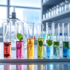 Colorful test tubes with plants in a laboratory setting