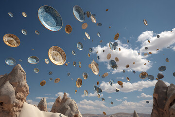 Plates in the sky surreal art installation cappadocia turkey travel destination unique landscape photography