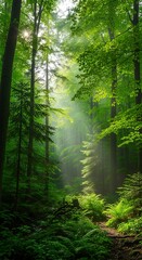 Obraz premium Sunlight Filters Through Lush Forest Path.