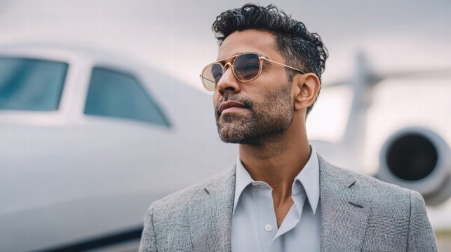 Stylish man in sunglasses near a private jet