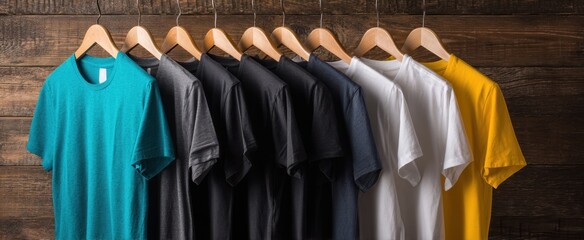 Obraz premium The T-shirts hanging on wooden hangers against rustic wood wall, colorful casual apparel display