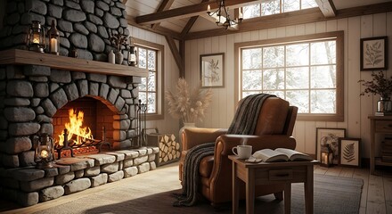 Inviting winter interior with stone fireplace and cozy reading nook scene