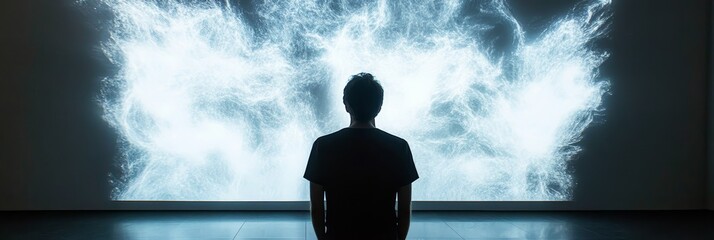 Man Observing Nebula Display - A person stands before a large screen displaying a dynamic, ethereal nebula. The evokes a sense of wonder and contemplation