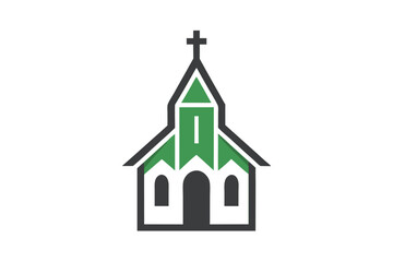 Green and gray church building prominently displays a cross above its pointed structure