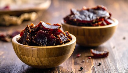 Dried meat snacks in wooden bowls