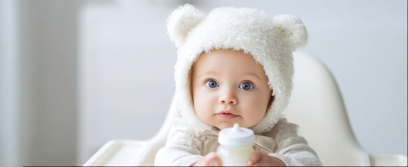 Fototapeta premium The baby in a fluffy bear hat holding a bottle while sitting in highchair