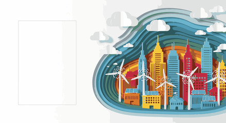 Fototapeta premium Colorful city skyline with wind turbines and clouds, showcasing energy-efficient architecture. Vibrant cityscape emphasizes renewable energy elements and eco-friendly design for Energy Saving Day.
