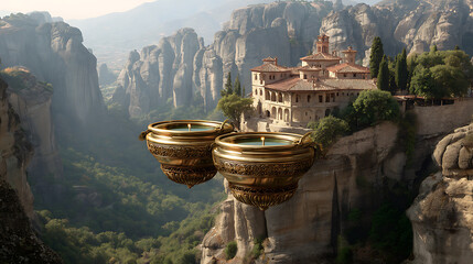Meteora monasteries greece travel destination ancient architecture golden bowls scenic landscape tourism trip 100