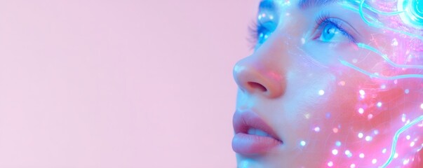 Woman cyborg close up with neural network connection. Artificial intelligence, future technology, bioengineering, and genetic engineering.