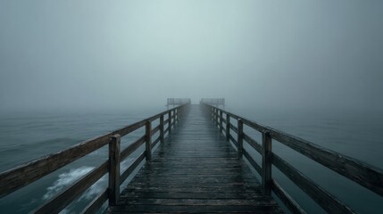 Obraz premium Misty wooden pier extends into fog