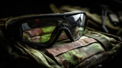 Tactical goggles resting on military gear in low light setting