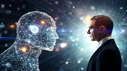 A businessman in a suit stands facing a digital humanoid figure. The background features abstract light patterns and cosmic elements, symbolizing technology and innovation. - Powered by Adobe