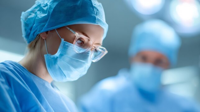 Woman surgeon or nurse wearing protective surgical mask and medical cap in operating room. Modern healthcare technology.