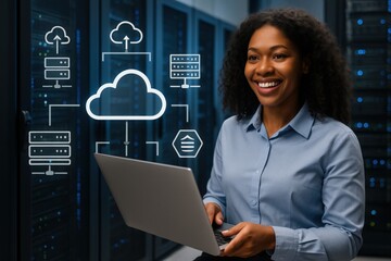 Cloud computing action by female it professional in server room digital environment engaging viewpoint for technology advancement